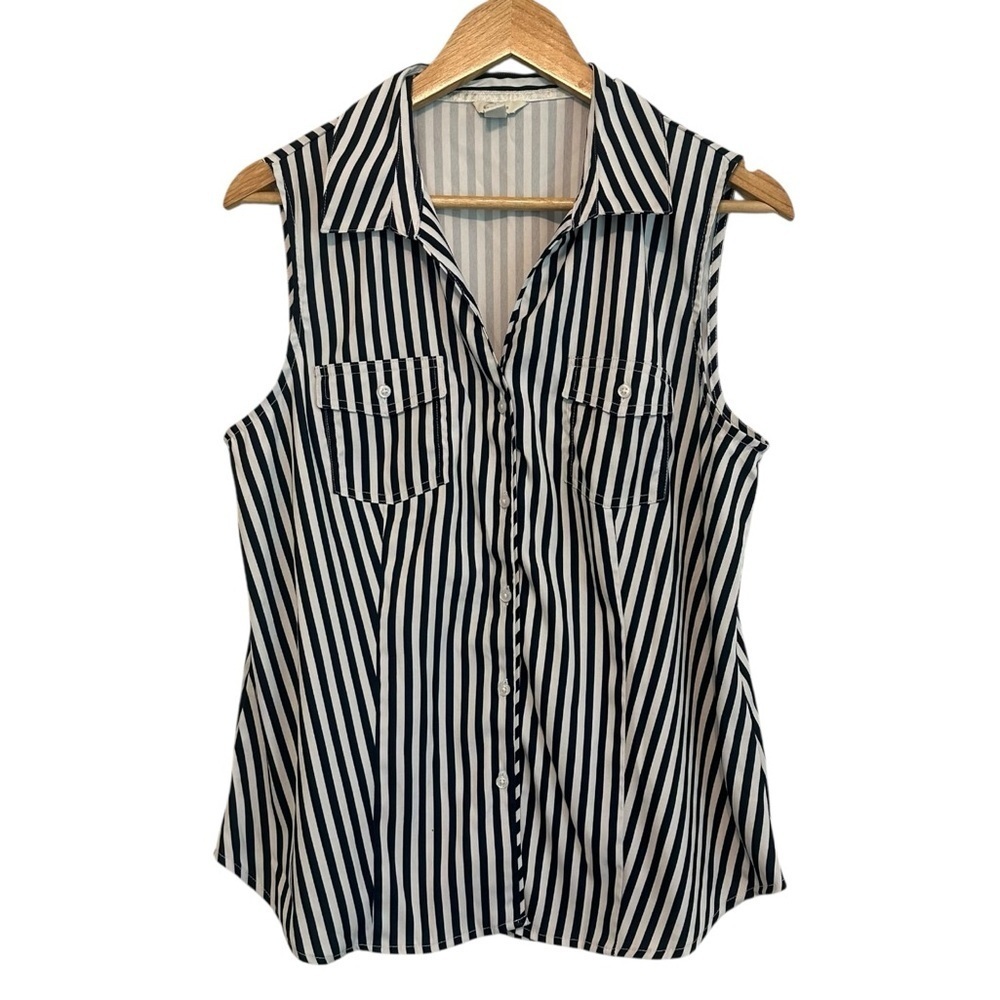 Women's Large Navy Striped Nautical Boat Travel Work Casual Sleeveless Blouse